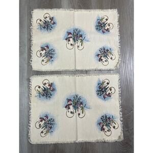 Holiday Snowman Placemats Set of 2 13x19 Winter Table Decor Fringe Vintage